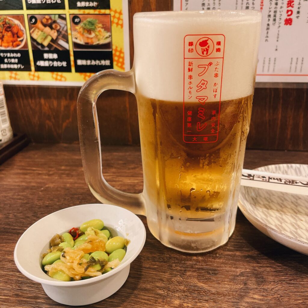 大塚「ブタマミレ」ビールとお通し